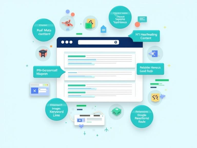 Modern infographic illustrating key On-Page SEO elements. Central web page displays title tag, meta description, H1, H2, H3 headers, formatted paragraphs, internal links, optimized images. Surrounded by icons representing user experience, keyword relevance, Google search results, high-quality content. Professional and tech-oriented design in blue and green colors.