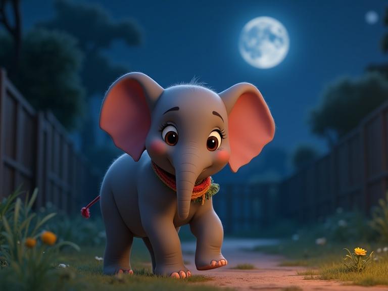 A baby Asian elephant calf with gray skin and pink accents. She has big brown eyes and floppy ears. A colorful yarn bracelet is on her trunk. The scene is set at night under the moonlight. The backyard is quiet and magical. The elephant appears happy and mischievous while walking away.
