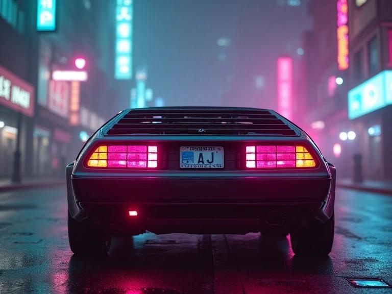 A DeLorean time machine painted in pink and teal. The license plate shows the letters AJ. The car is parked in a foggy cyberpunk city at night. Neon signs illuminate the background.