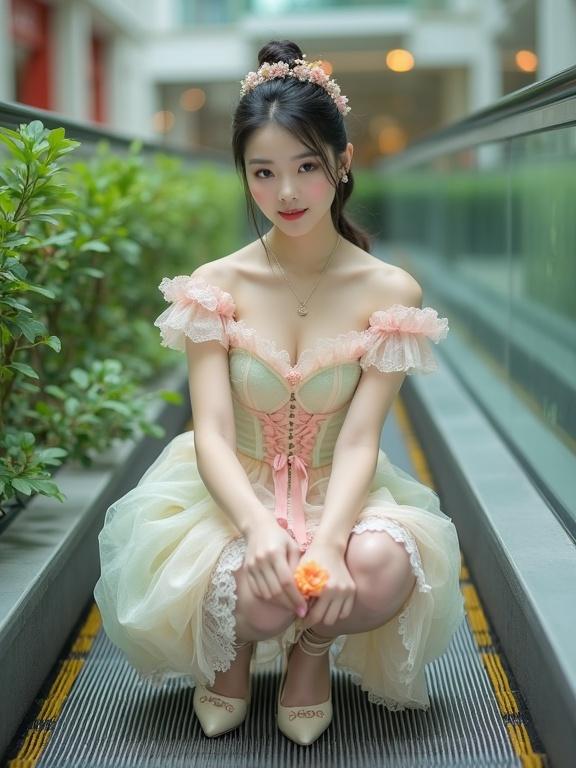 Full body shot of a lady adorned in a pastel-colored, frilly outfit. She is squatting, picking up a flower on an escalator in a mall. The outfit includes a corset top with lace and frills in shades of pink, cream, and mint green, showcasing a sweetheart neckline and off-the-shoulder design. A full, white, lace skirt gives a vintage feel. Her hair is tied, and she wears heels. A serene expression is displayed. Pale pink stockings and rose embroidery garter belts complete the look. Soft, natural light highlights details and the greenery around her.