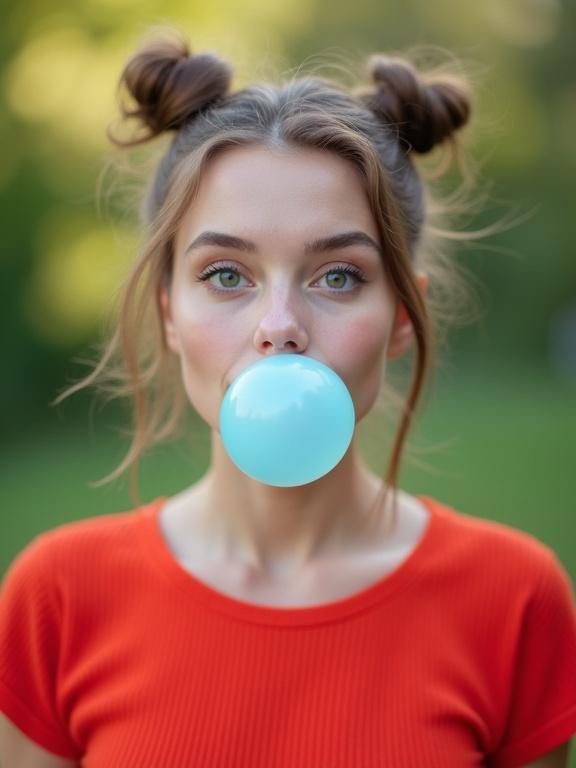 Close-up photo of a woman blowing a big bubblegum bubble. She has light blush complexion and striking blue eyes. Hair in messy buns. Bright red ribbed top. Background is blurred with soft green bokeh. Gentle lighting highlights her features. Bubble is translucent with blue tint. Expresses joy and playfulness.