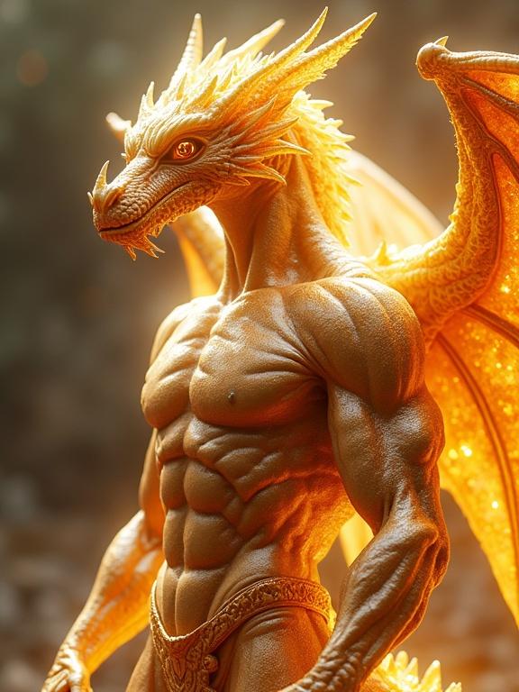 A gleaming chrome and crystal creature with exaggerated musculature. The figure is bathed in warm golden light. Rendered with deep color and high resolution in a fantasy art style.