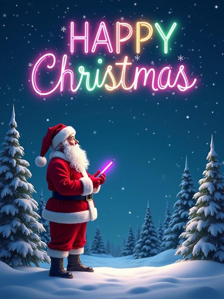 Image features Santa Claus in a winter landscape. Santa gazes at colorful letters in the night sky. The letters read 'HAPPY CHRISTMAS'. They have a bright glowing effect. Snowflakes fill the dark blue backdrop. Santa holds a glow pen emphasizing the festive spirit. Snowy trees surround him.