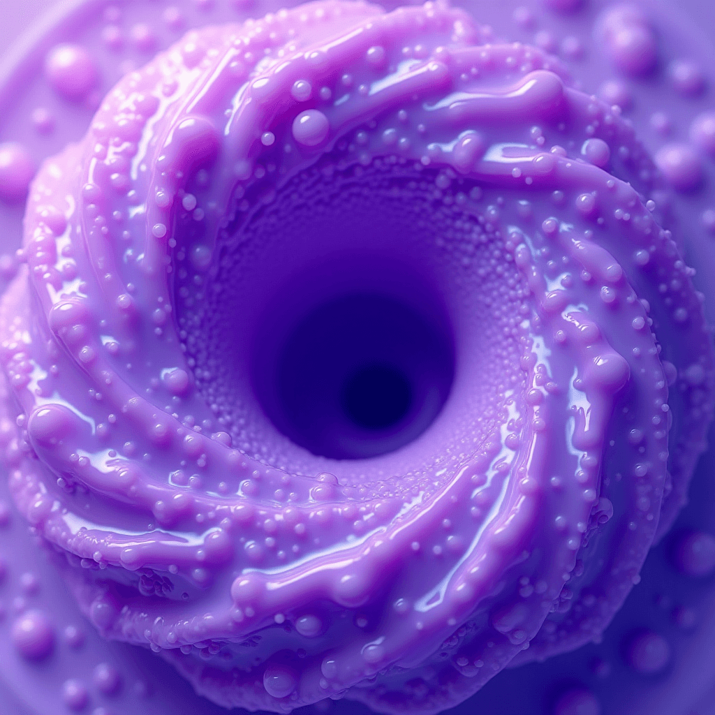 A swirled pattern in shades of purple with smooth, glossy textures and bubble-like protrusions.