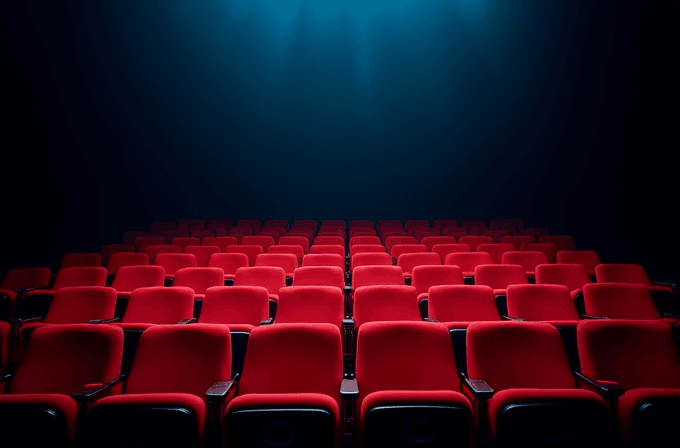 A dimly lit cinema with empty rows of red seats, illuminated softly by overhead spotlight beams.