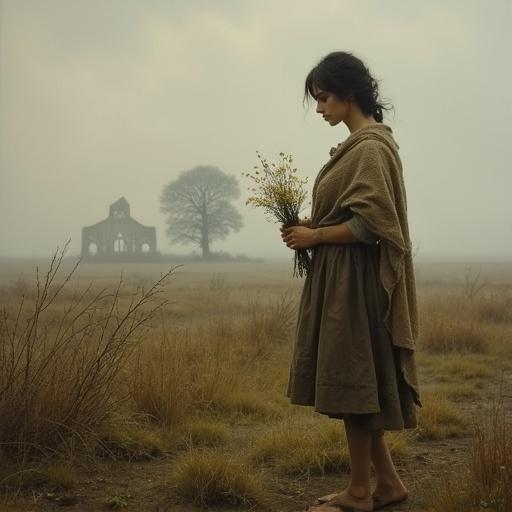 Oil painting style representation of a young woman as a flower seller standing on a moor. A desolate landscape surrounds her. The mood is melancholic with soft, diffused lighting and thick mist.