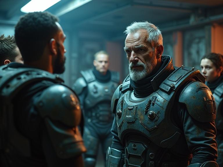 Dramatic scene of middle-aged Terrán Nova engaging with four space marines in a dimly lit Starcraft base. Nova wears a tactical suit, hand on plasma pistol, emphasizing urgency. Marines stand at attention in gleaming armor. Technological environment with shadows and textures reflects high-budget sci-fi film style. Gritty realism enhances mood.
