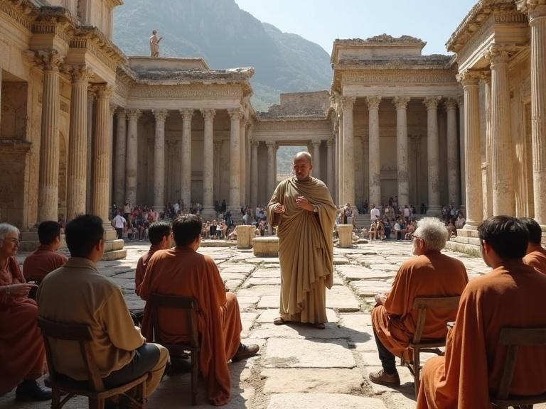 A philosopher teaching lessons to a gathering of people in an ancient Greek plaza.