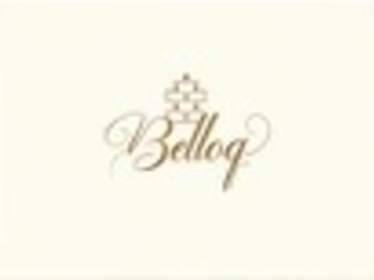 Refined high-end emblem for Belloq featuring ornate handcrafted typography with stylized cursive B as central icon adorned with subtle elegant lines and flourishes presented in polished metallic finish with rich deep contrast set against clean crisp ivory white or soft creamy background that evokes luxury and sophistication
