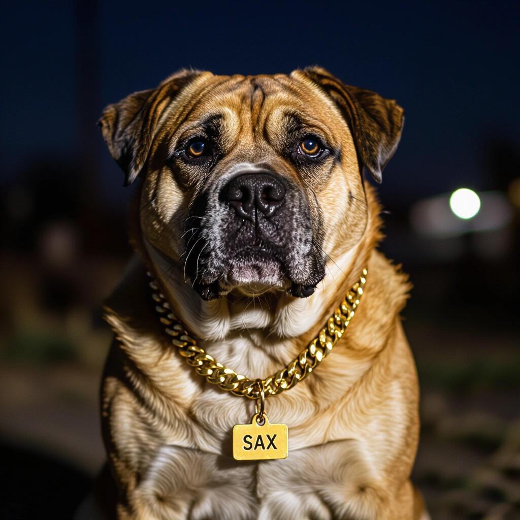 Dark raw photo of an old fat junkyard dog at night. Dog wears a gold chain. A name tag shows the name SAX.
