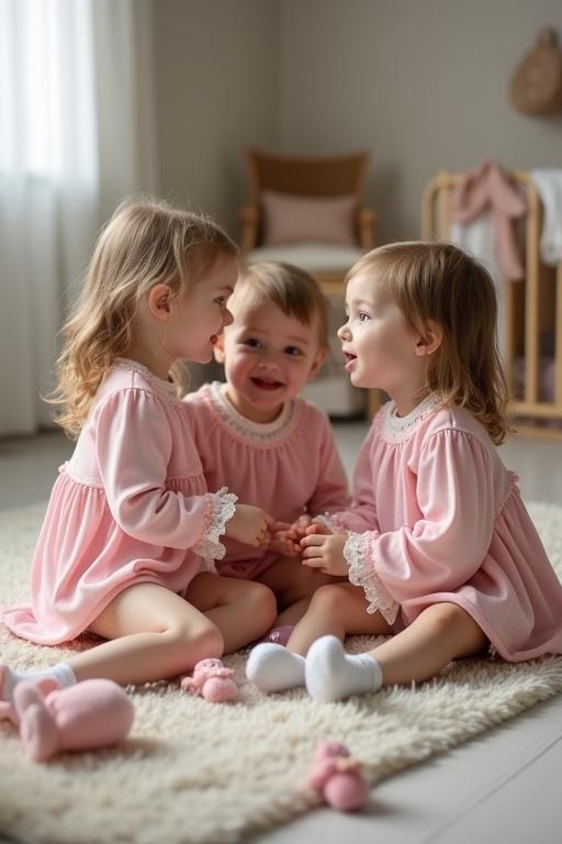 Three little girls play together in a nursery. They wear pink nightgowns and white socks. They sit on a rug among scattered toys. They demonstrate affection and curiosity towards each other. The scene is cozy and inviting.