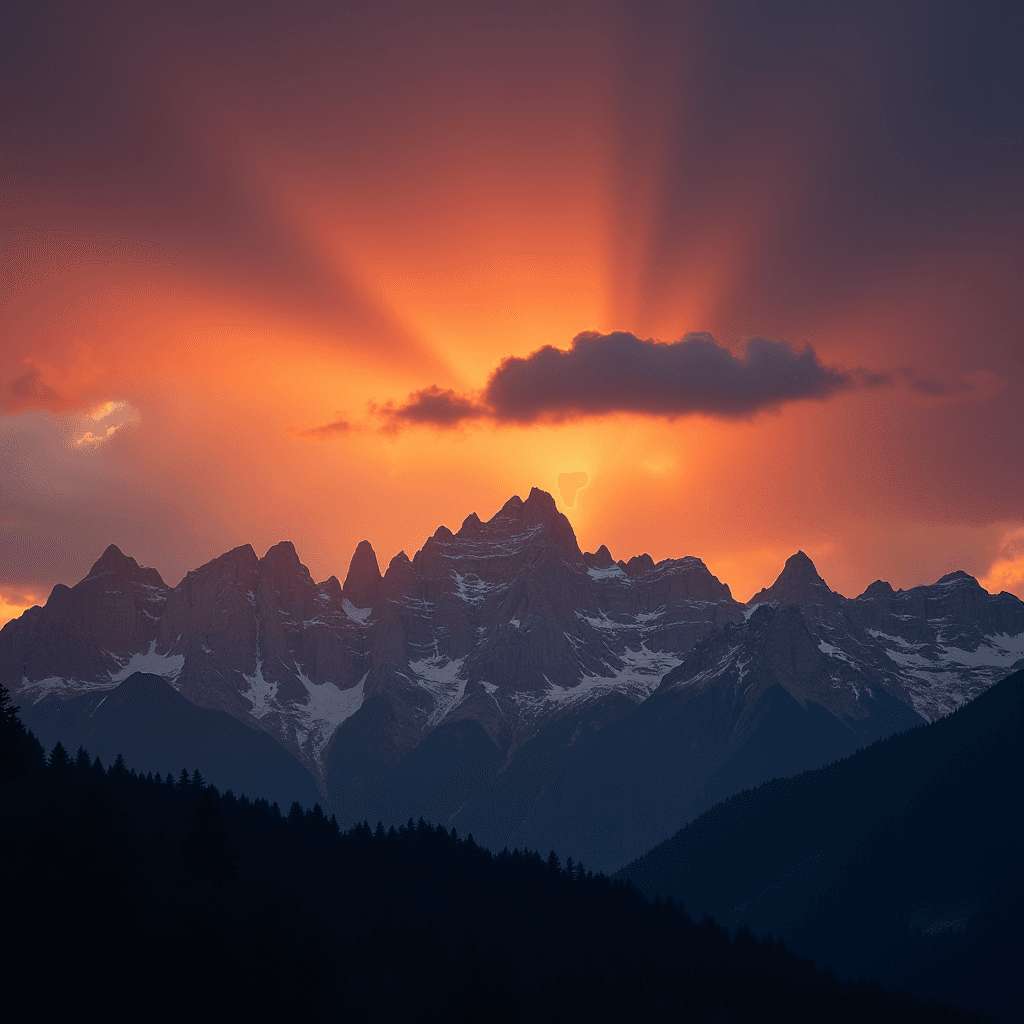 A stunning mountain range silhouetted against a vibrant sunset sky, with dramatic rays of light streaming through dark clouds.