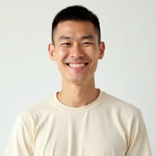 High resolution portrait of a male with short hair. He wears a cream-colored t-shirt. He has a subtle smile, looking directly at the camera. Lighting is soft and even. Background is solid and minimalistic.