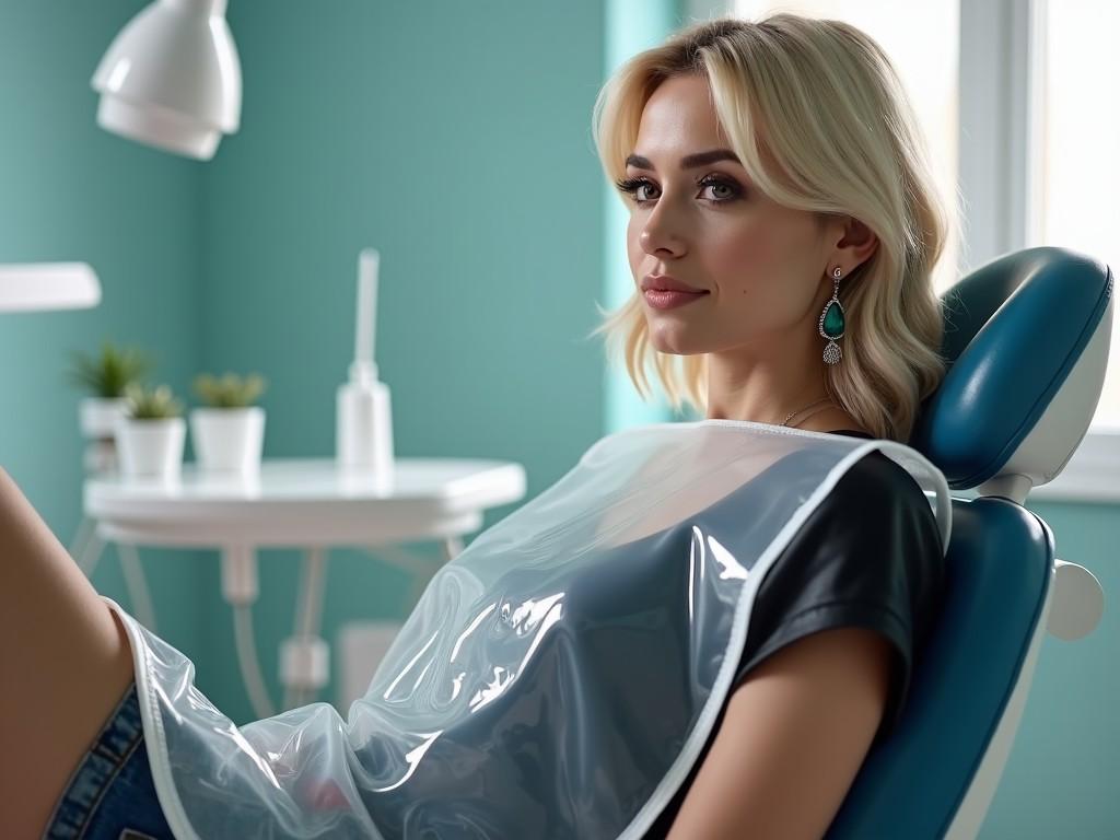 In a dental clinic, a stylish woman with short blonde hair relaxes in a dentist chair. She wears a large clear PVC mealtime bib with white edges that drapes over her knees, emphasizing her casual yet chic attire. With a black leather top and a denim skirt, she exudes confidence. The teal walls create a calm atmosphere, enhancing the setting. Natural light filters through the window, adding warmth to the consultation room. This image captures the blend of fashion and healthcare, showcasing the experience of a modern dental visit.