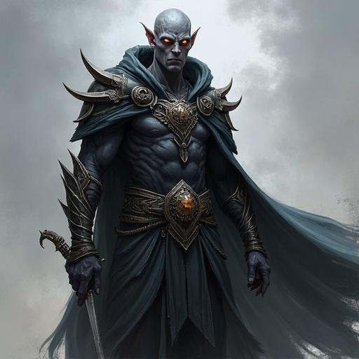 Digital illustration features a tall male tiefling paladin with ash-gray skin and glowing amber eyes. He wears ornate armor and a dark cloak, creating a powerful presence.