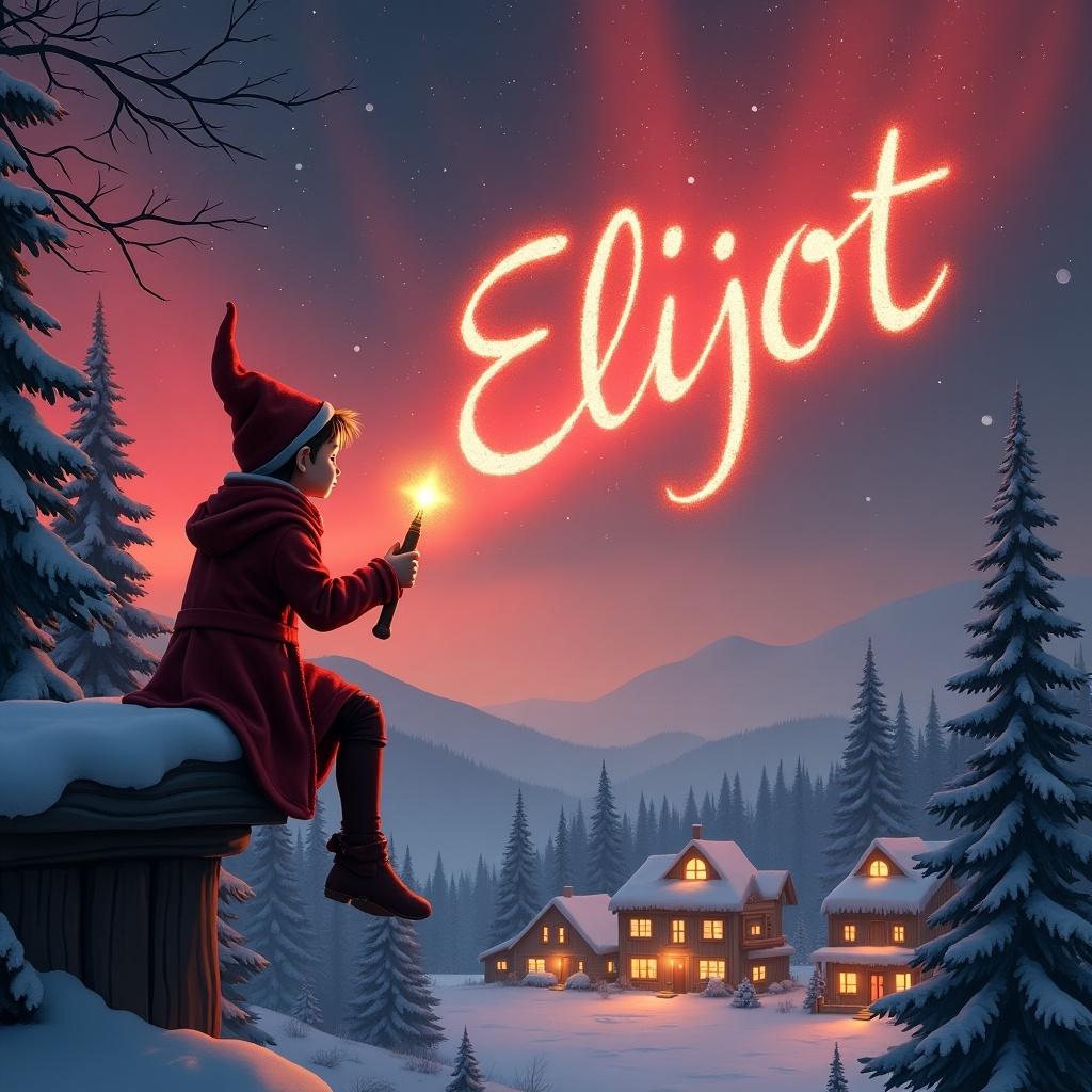 Elf on a wooden ledge gazing at a magical sky. Dressed in red. Elf holds a glowing wand. Writes name 'Elliot' in shimmering letters. Below, snowy landscape with little houses and evergreen trees. Northern Lights illuminate scene. Elf adds name 'Elijah' to the sky.