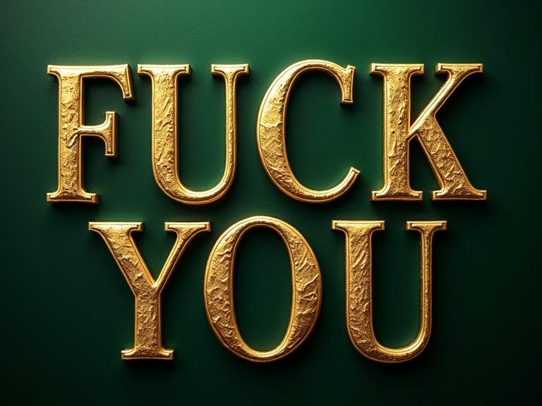Elegant typography design featuring ornate, gold letters that spell FUCK YOU on a rich green background.