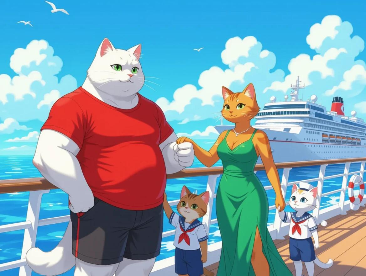 A family of anthropomorphic cats on a luxury cruise ship at sea. A large white cat in red T-shirt and black shorts gazes at the horizon. An elegant orange cat in a green dress holds his arm. A white kitten in a sailor outfit observes the sea. Background features another cruise ship, blue skies, and clouds. Scene conveys unity and tranquility.