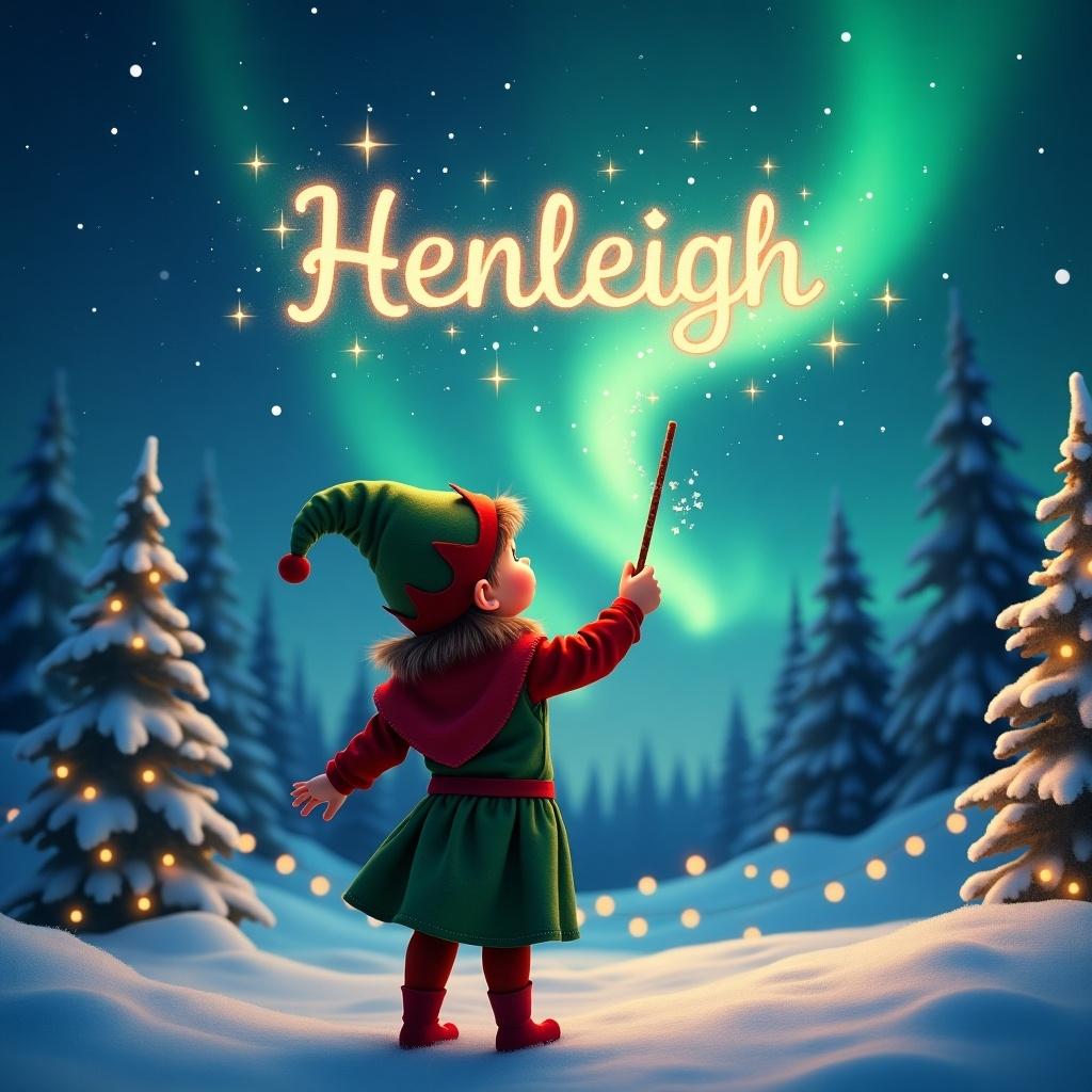 The scene depicts a child dressed as an elf, standing serenely with their back to the viewer. They gaze in awe at the night sky, holding a wand that creates the name 'Henleigh' in sparkling letters. The winter landscape is enchanting, with snow-covered trees adorned with twinkling lights. The sky is alive with colorful northern lights, enhancing the magical vibe. This festive composition embodies the joy and spirit of the holiday season, making it a perfect illustration for various seasonal themes.