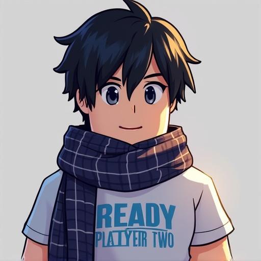 Roblox male player character features short black anime hair with a scarf. Character wears a t-shirt with blue inscription Ready Player Two. Overall friendly and engaging appearance.