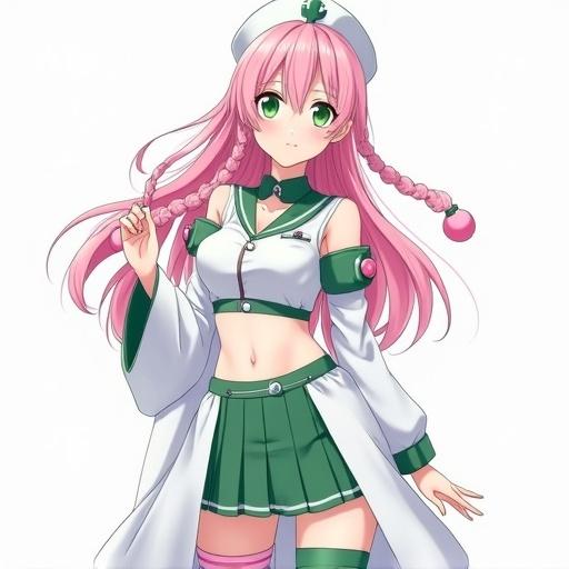 Anime nurse character features long wavy pink hair and dark green hair. Two pink balls are at the ends of her braids. She has large green eyes and an athletic figure. Dressed in a modified nurse uniform with a revealing bodice and pleated skirt. Her striped thigh-high socks are green and pink. A long white haori is worn over her outfit. The background is simple focusing on her beauty and costume details.