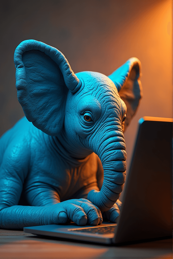 A blue elephant is using a laptop in a warmly lit room.