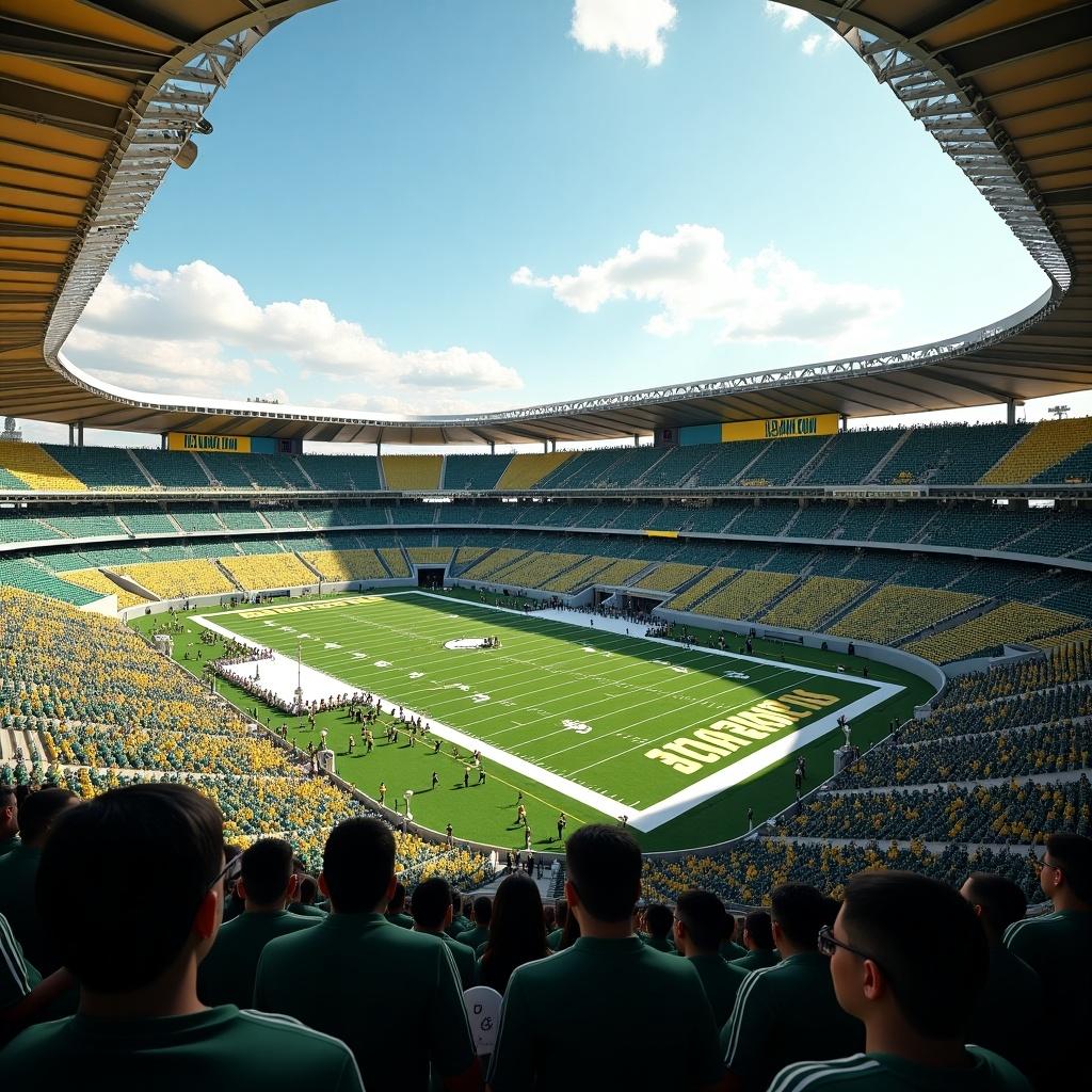 New NFL stadium designed for the Albuquerque Aztecs. Teal and gold colors prominent. Large seating areas and a well-maintained field. Bright sunlight and clear skies above.