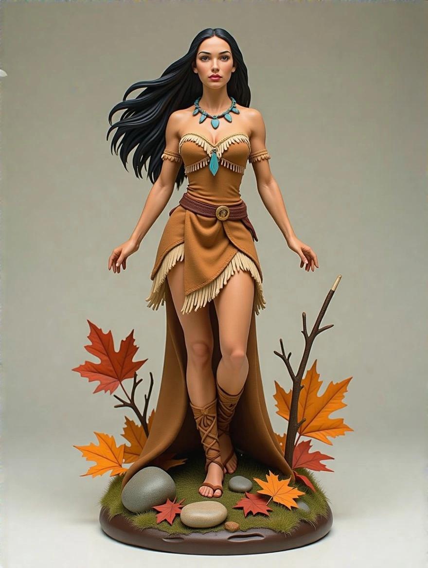 Beautiful and powerful resin statue of a woman inspired by Pocahontas. She stands on a base with autumn leaves and smooth stones. Wearing a brown suede dress with golden details and tribal embroidery. Long black hair flowing. Serene expression with wisdom. Gently touching a hummingbird on her finger. Studio lighting with a blurred natural background. Ultra-realistic shiny finish.