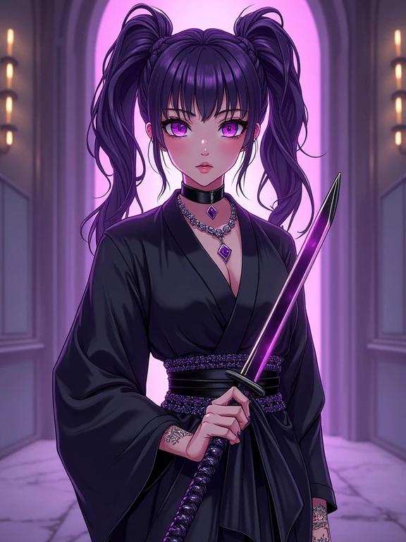 Anime character in a neo-futuristic dojo. She has amethyst purple eyes. Serious and elegant demeanor. Dressed in a sexy black kimono with lots of jewelry. Wavy pigtails styled. Holding an energy kunai. Modern luxurious interior. Represents martial arts training.