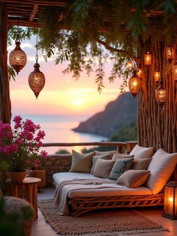 Cozy coastal seating area during stunning sunset. Blending rustic and bohemian design elements. Elevated terrace overlooking calm sea. Warm golden light casts magical glow.
