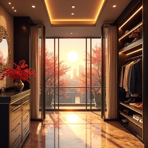 Futuristic townhouse walking closet with large glass windows. View of cherry blossoms and sunset in the city. Light gold and onyx black decor. Modern luxury and high-tech features. Designed for a rich family. Summer afternoon mood.