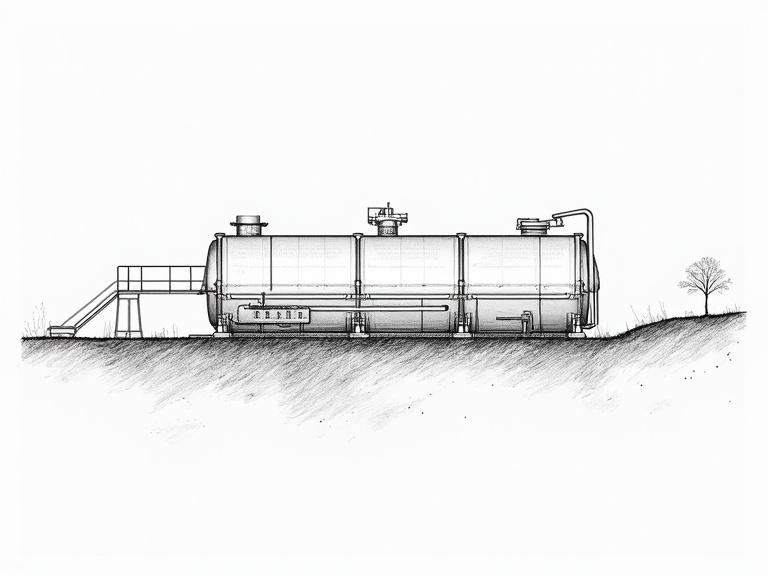 Technical drawing of an underground plastic tank sewage treatment plant in a parallel view. Black and white sketch style.
