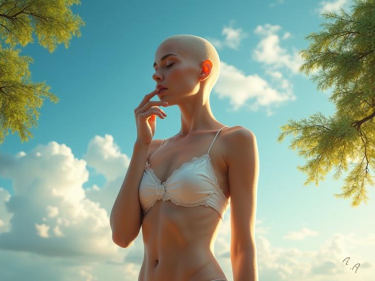Highly detailed portrait of a bald woman. Standing outdoors under a vibrant sky. Wearing a delicate white bikini top. Serene pose with one hand on lips. Eyes closed in deep thought. Background features fluffy clouds and lush green branches. Soft diffused lighting with warm tones. Evokes themes of purity and introspection. Minimalistic signature in bottom corner.