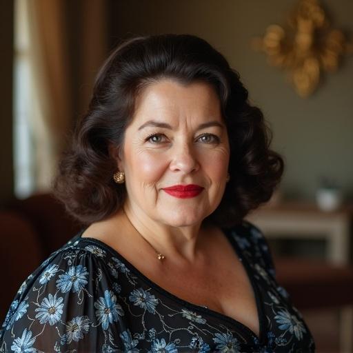 Charming 40 years old housewife in a close-up portrait. Features 1950’s hairstyle and vintage black and blue floral dress. Brunette with big red lips, slightly smiling and looking intensely at the camera. Captured in a vintage living room setting.