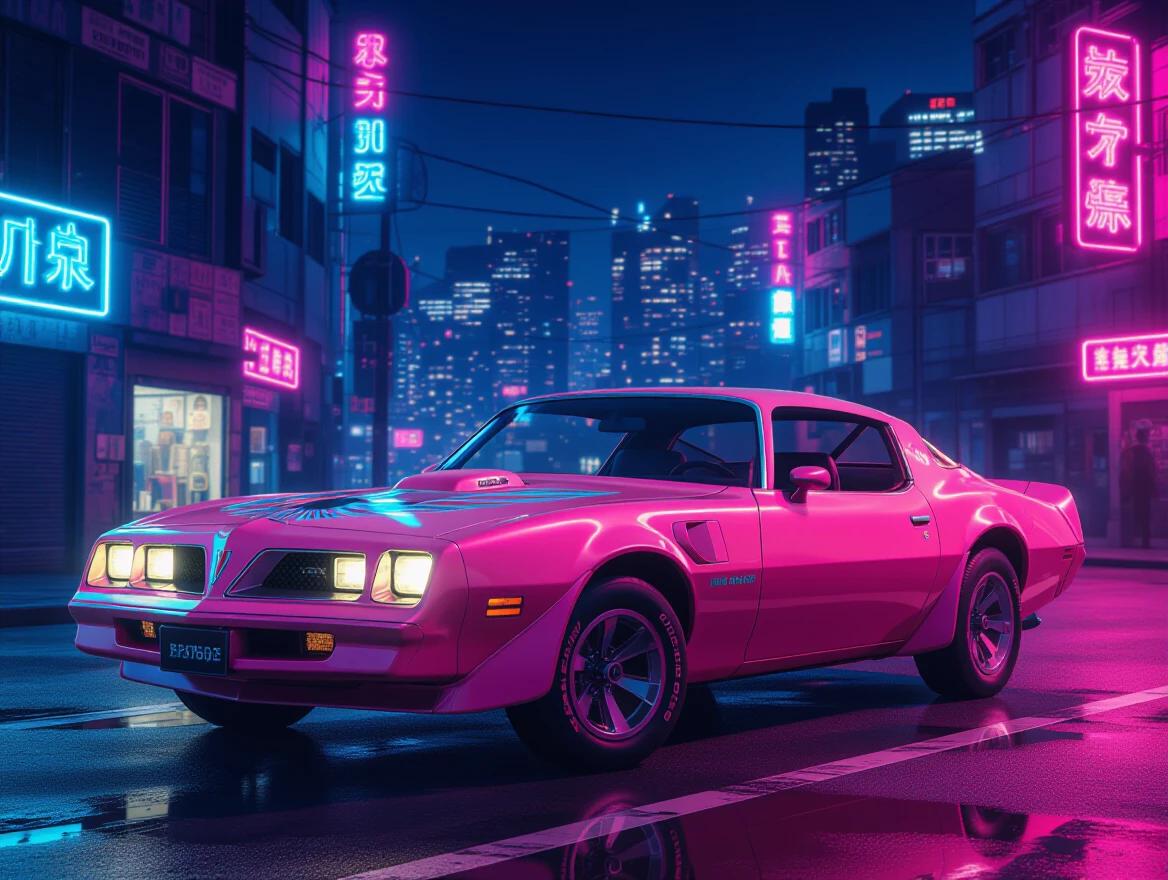 A pink and teal 1976 Pontiac Trans Am. It is parked in a cyberpunk city. Night time setting with neon lights illuminating the surroundings. The angle shows a 3/4 top view of the car.