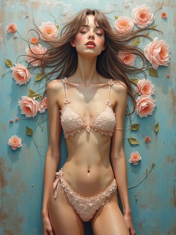 A painting of a faceless nude figure wearing a sculptural bikini made of transparent flowers. Background features an abstract silver copper patina with roses. The artwork blends figurative naive influences and artistic textures through digital painting.