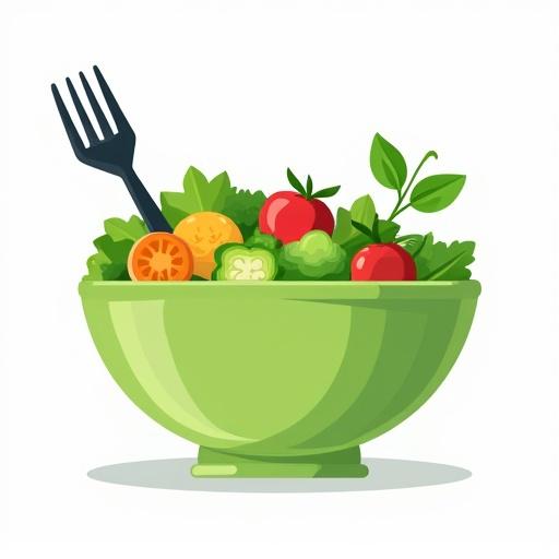 Fresh green salad bowl with colorful vegetables and leafy greens. Black fork resting in bowl. Flat cartoon-style vector illustration. Clean geometric shapes with soft rounded edges on solid white background.
