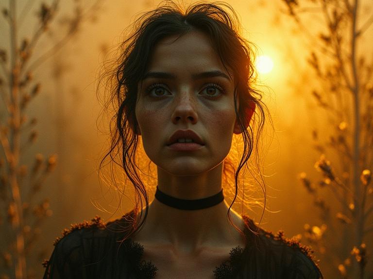 Stunning portrait of a figure with deep emotions. The subject stands in a field enjoying an ethereal golden hour glow. The background features abstract shapes and warm hues.