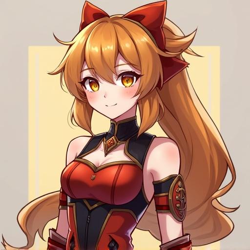 Character design featuring an anime girl with orange hair and a red outfit. She has a playful expression. Background is simple, emphasizing the character's features.