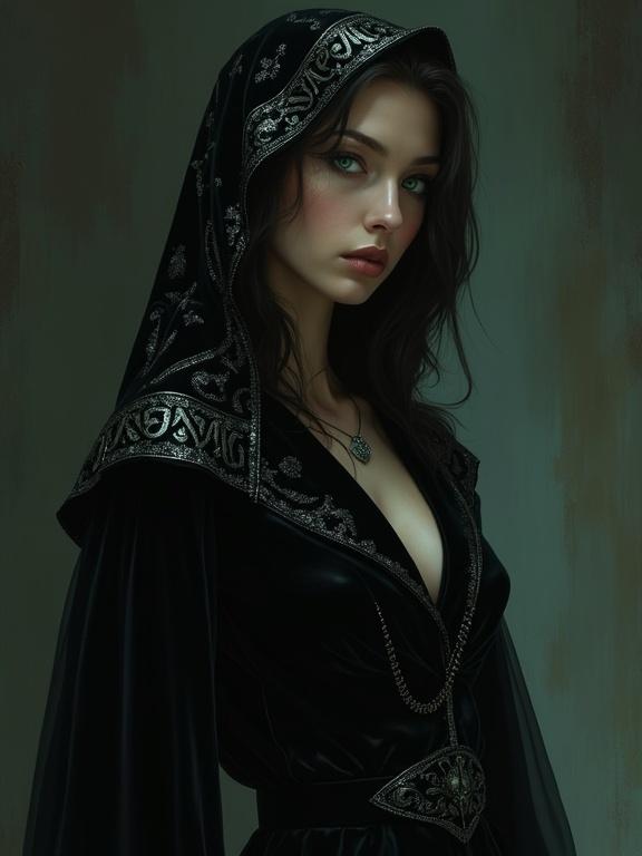 A mysterious enchanter emerges from the shadows. Clad in luxurious midnight black velvet. Adorned with shimmering silver runes. Mesmerizing digital painting showcases elegant form. Piercing emerald eyes reveal danger. Exuding sophistication and intrigue. Invitation to explore a world of dark magic and enchantment.