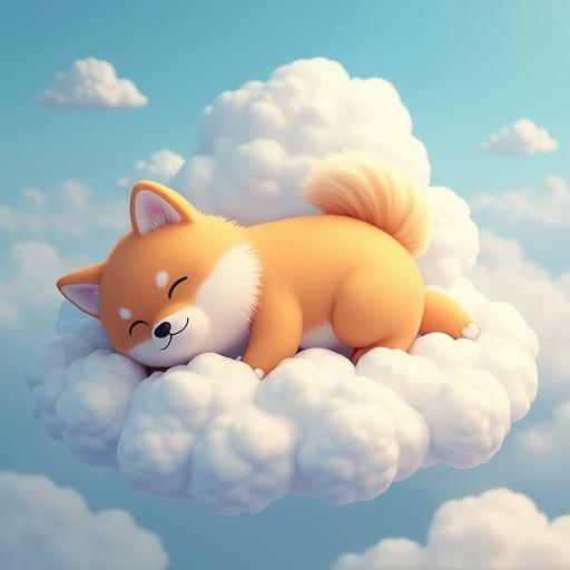 A fluffy pomsky pet sleeping contentedly on a cloud with a dreamy background