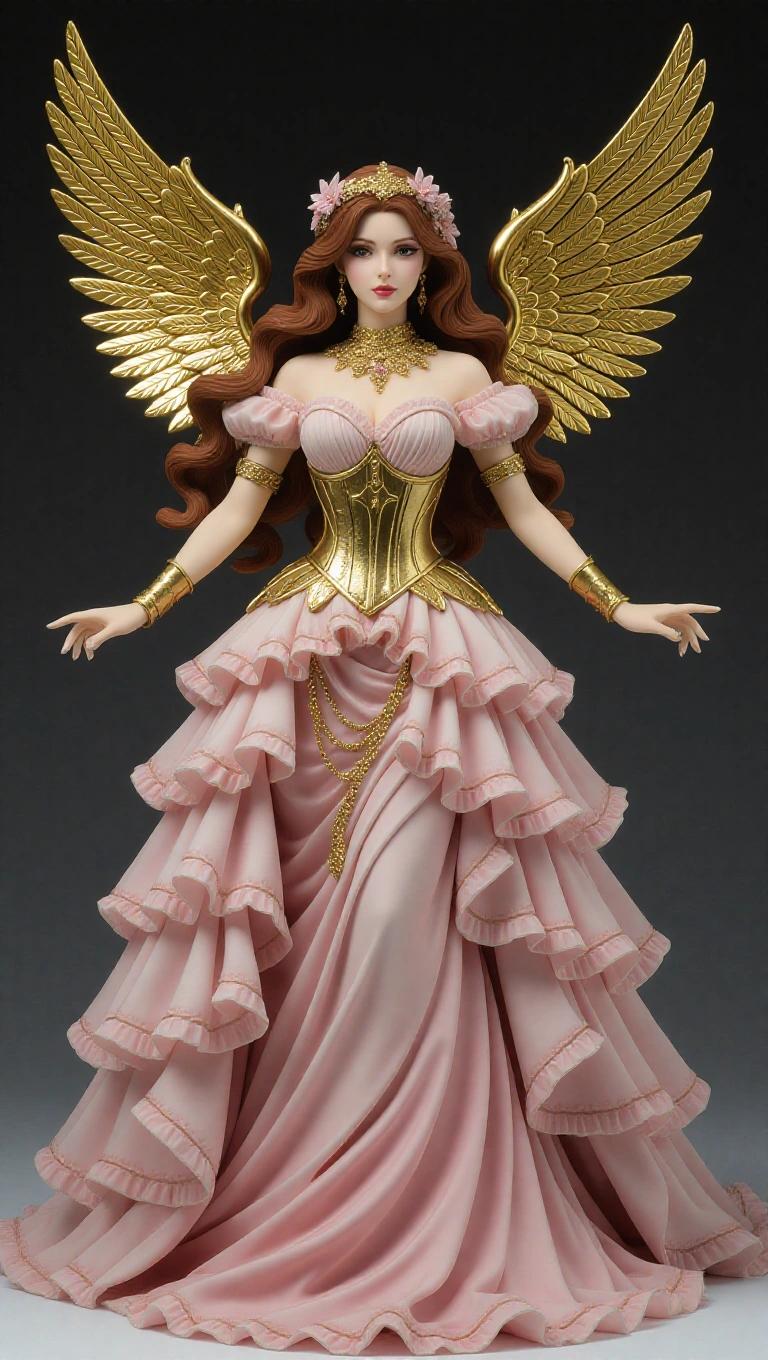 Resin figure of a goddess with golden-brown hair. Dressed in a powder pink gown with ruffles and gold details. Wearing a gold corset and choker. Large ornate golden wings. Pose is majestic with arms held back. Flower crown and ethereal expression.