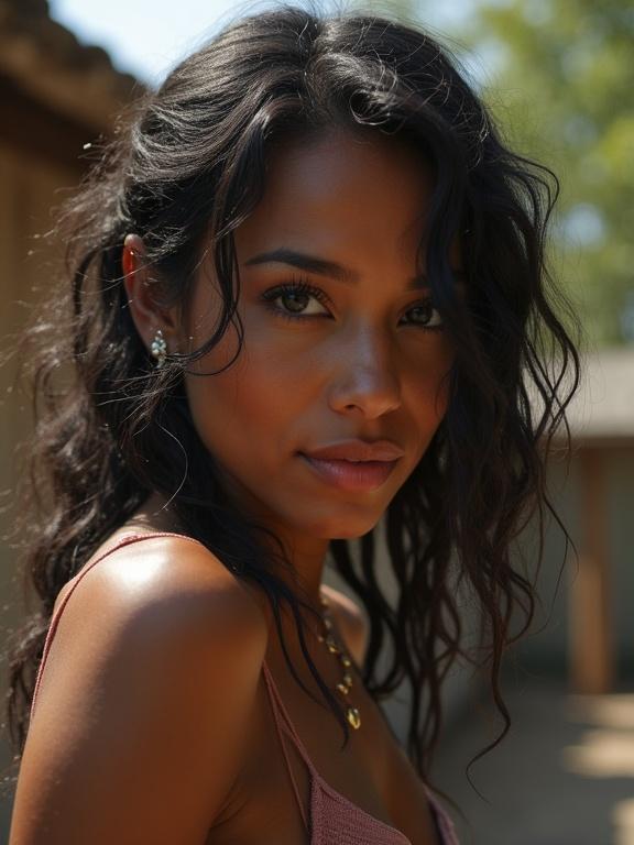A young woman with wavy black hair poses outdoors. She has a captivating expression and wears a light outfit. The background is softly blurred.