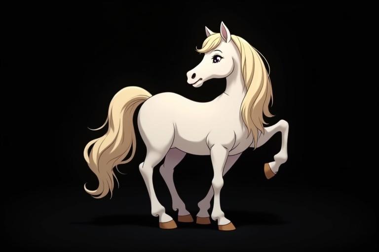 White horse with cream mane and tail on a dark background. Anime style with a Disney theme. Horse stands in a confident pose.