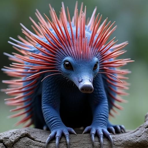 A stylized echidna with blue skin and vibrant red spikes on its back. The character has a cute, wide-eyed expression and is positioned in a natural setting.