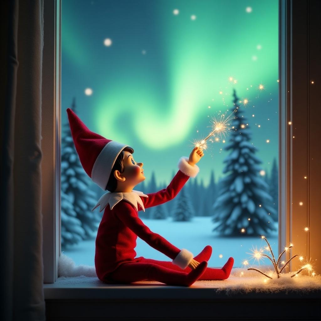 Elf on shelf sits on window ledge. Uses magical wand to create twinkling sparks. Looks at stunning northern lights. Background features snow-covered pine trees. Elf in vibrant red outfit with white trim. Scene illuminated by colors of aurora borealis. Festive holiday feel.