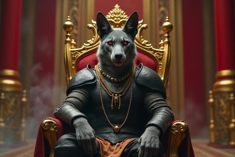 Ultra HD 4K cinematic scene set in a palace throne room. Kalnemi is a gray jackal with glowing red eyes sitting on a golden throne. He wears black armor and a bone necklace. Dark smoke swirls around him. The Raja, a majestic tiger in royal human clothing, stands with her face down.