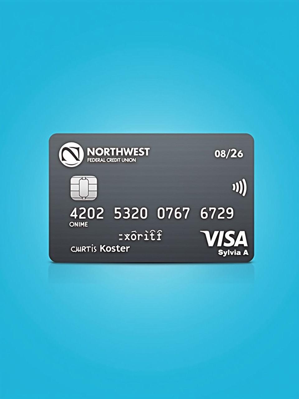 Realistic depiction of a credit card featuring Visa logo and Northwest Federal Credit Union. Card number 4202 5320 0767 6729 is clear. Name displayed is Curtis Koster. Expiry date 08/26 is included. Background is blue and card has a clean look. Name shows Sylvia A.