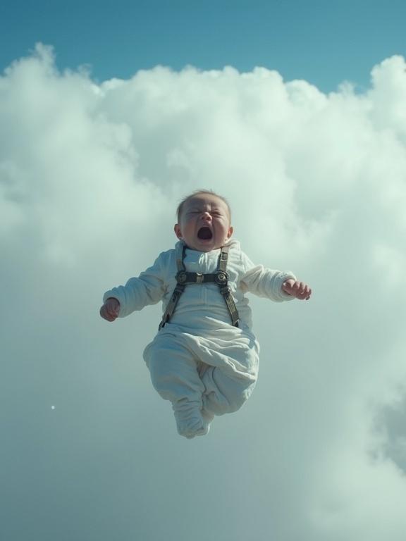 A swaddled baby appears to be falling through white clouds. The sky is deep blue and hints of the earth are visible below. Baby is secured with a simple harness. The scene is cinematic and slightly surreal.
