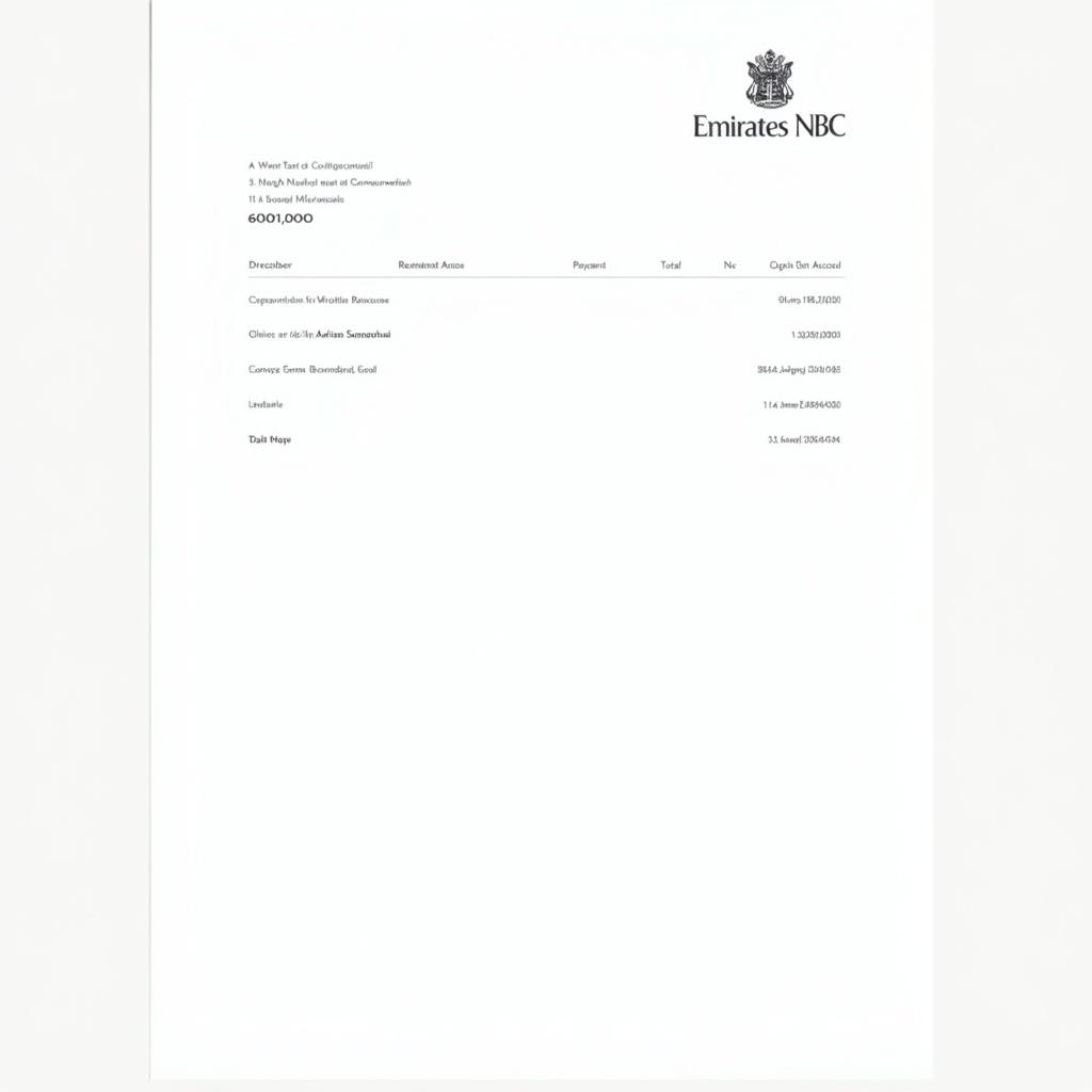 Document showing payment receipt. Emirates NBC logo at the top. Total payment amount of $600,000. Account named Mr Adriano Szancowski. Clean layout with sections for receipts and additional charges. Simple background enhances readability.